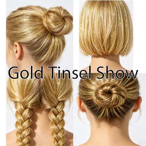 Celinebella Metallic Gold Hair Tinsel, 48" 1250 Strands Luxury Shimmer | Classic metallic gold tone, timeless versatile, heat resistant, great for office wear holiday parties & formal events - color: 16-Holographic Gold, size: 48 Inch Pack of 5Pcs