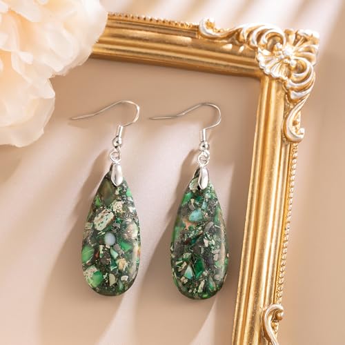 Stone Drop Earrings for Women Earrings Teardrop Jasper Stone Dangle Earrings - color: Brownish Green-Silvery Hook