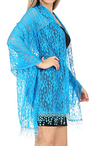 Sakkas Mari Women's Large Lightweight Soft Lace Scarf Wrap Shawl Floral and Fringe - color: Style3-blue