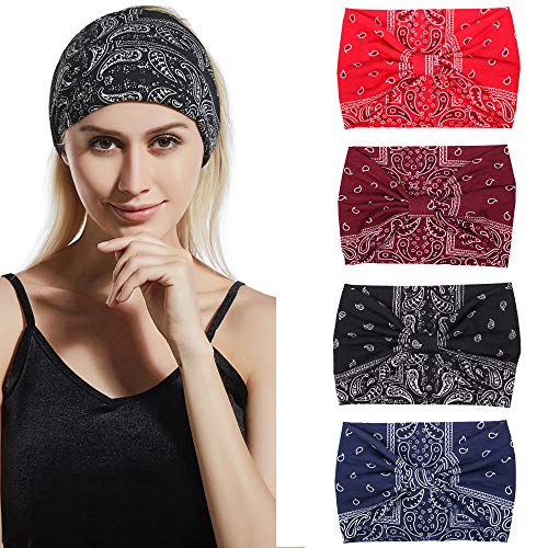 Assorted Paisley Print Wide Bandana Knot Headbands Criss Cross Head Wrap Hair Band (4 Colors Pack C) - color: 4 Colors Pack C