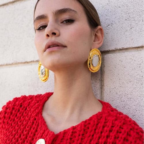 Mixed Metal Statement Earrings for Women Chunky Earrings Big Statement Large Oval Round Pebble Shape Earring Irregular Geometric Drop Dangle Earring Chunky Jewelry - style: 1 - G