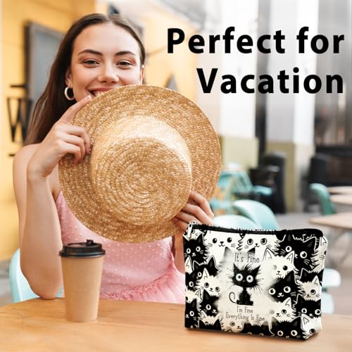 Funny Cat Makeup Bag for Women & Teen Girls, It's Fine I'm Fine Everything Fine Travel Pouches for Toiletries, Kitty Cosmetic Zipper Travel Toiletry Bag, Cute Black Cat Gifts for Cats Gifts Lovers - color: 02-Cat(04)
