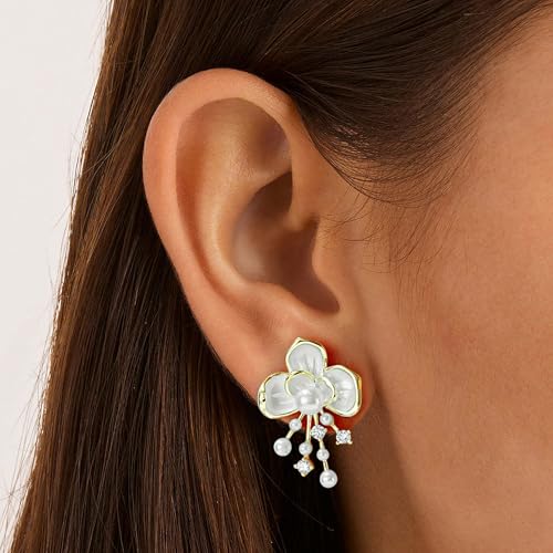 Pink Flower Earrings for Women, 925 Sterling Silver Stud Earrings, Cute Plumeria Earrings For Women, Cherry Blossom Hypoallergenic Stud - color: White Orchid Pearl