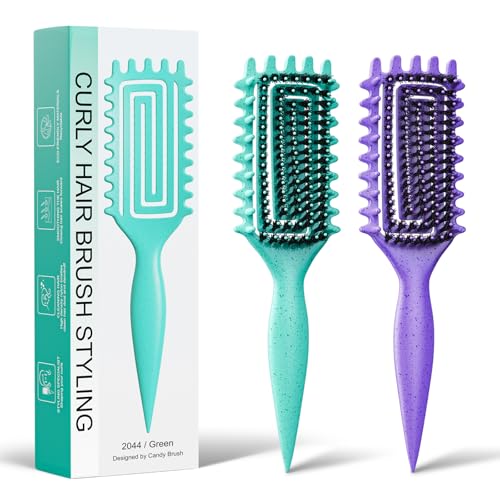 2-Pack Curly Hair Brush, Curl Defining Brush with Soft Boar Bristles Detangling Tangled Glides,Wide-Teeth Design Effortlessly Shaping & Defining Curls,Curling Definer for Wet & Dry Hair (Green Purple) - color: Green Purple