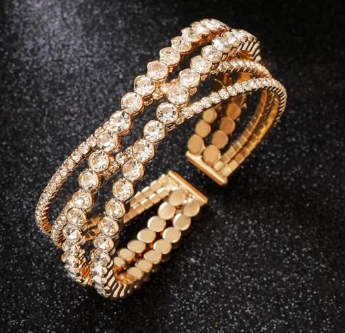 Rhinestone Bracelet for Women MultiLayer Crystal Cuff Bracelet Strand Layered Bracelet - color: Gold 6