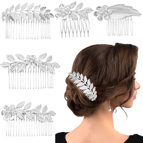 5 PCS Leaf Hair Side Combs Gold Rhinestone Hair Comb Clips with Teeth Wedding Headpiece Hair Accessories for Women, Girls, Bride, Bridesmaid(Silver) - color: Silver