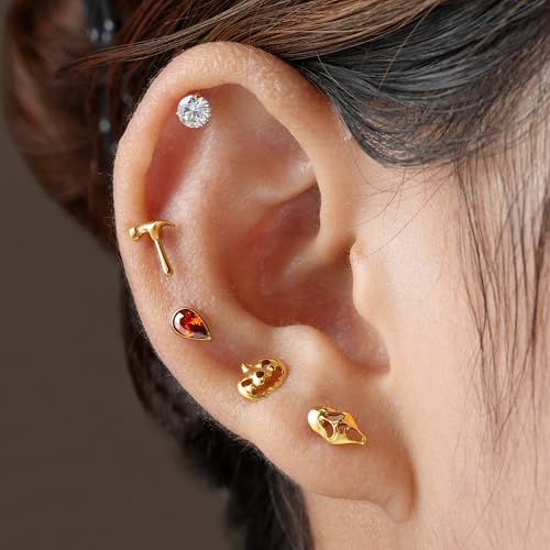 FINE4U 1PC ASTM F136 Titanium Internally Threaded Piercing Jewelry Stud 16G 6mm 8mm for Helix, Tragus, Conch, Flat - color: Hammer - Tit