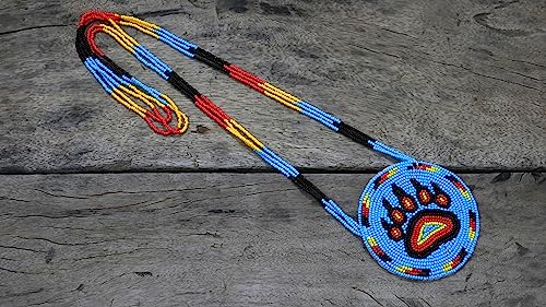 Handmade Native American Style Tribal ethnic Seed Bead Beaded Layered Medallion Necklace #1 - color: Bear Paw Skyblue