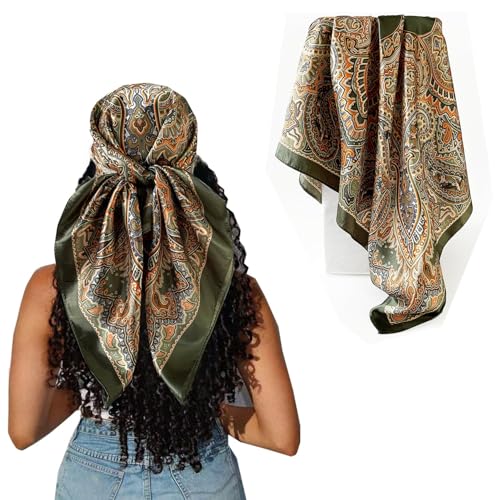 Hexchasty 35”Head Scarf Satin Silk Like Hair Scarf Large Square Head Scarves Bandana Head Wraps Headscarfs for Women Green - color: A-green