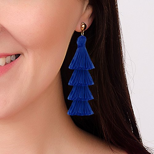 BaubleStar Tassel Earrings Handmade Tiered Thread Tassel Dangle Earrings, Multi Colors - color: Royal Blue