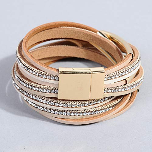 Artilady Leather Wrap Bracelets for Women - Pearl Bracelets Handmade Clasp Bangle Bracelet with Beads Jewelry Gift for Women and Mother - style: Light Brown with Gold bar