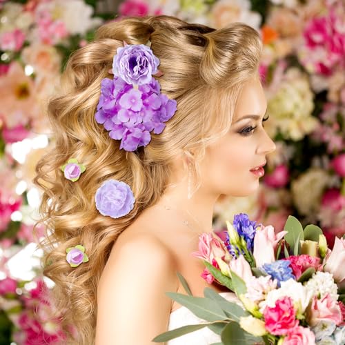 BBTO 21 Pcs Flower Hair Clip Rose Hair Clips Barrettes for Women Flower Accessories Boho Bride Claw Clip Hairpin Brooch Pin Headpiece for Wedding (Purple Series) - color: Purple Series