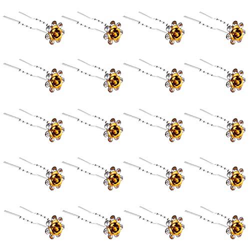 QIUTIMIY 20 Pack (Yellow) Crystal Hair Pins Rose Flower Rhinestone Hair Clips for Bridal Wedding Women Hair Jewelry Accessories, with Clear Container - color: Rose Flower-Yellow