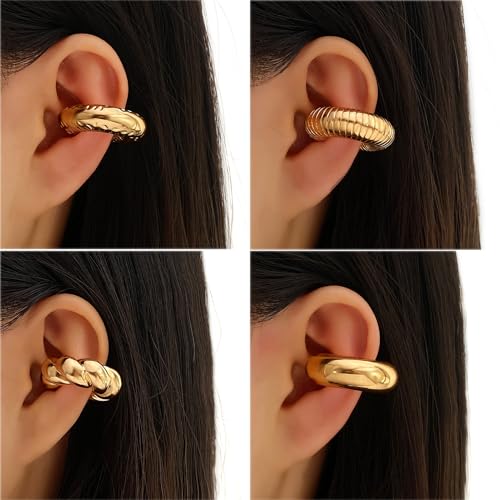KISS WIFE 4 Pcs Chunky Ear Cuffs Non Piercing for Women, 14K Gold Plated Clip On Cartilage Hoop Earrings Jewelry Gifts - color: Gold