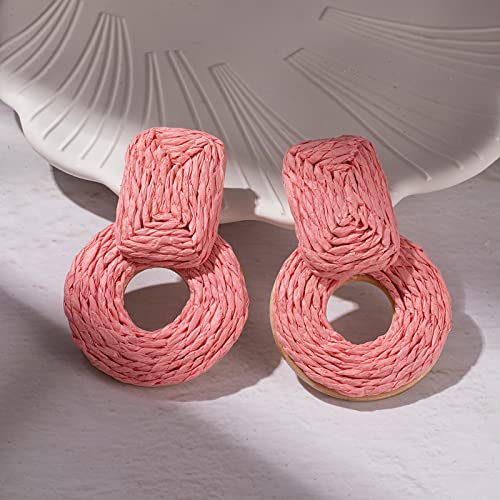 Statement Raffia Earrings Cute Boho Earrings Rattan Dangle Earrings Handmade Straw Wrap Earrings Summer Drop Dangling Earrings for Women Teen Girls - color: Coral