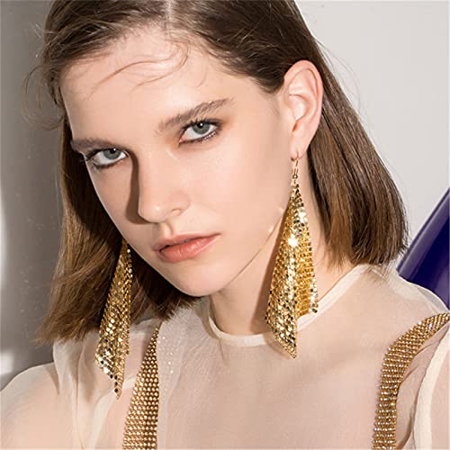 coadipress Metal Mesh Grid Sequins Tassel Long Drop Dangle Earrings for Women Trendy Lightweight Charms Disco Vintage Colorful Long Hook Earrings Bridal Wedding Jewelry - color: Gold Metal Mesh