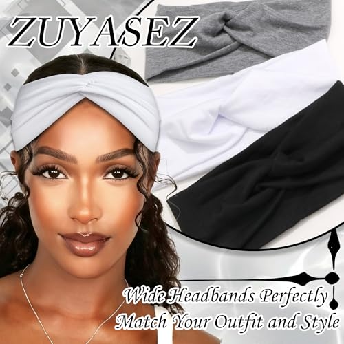 3 Pack Boho Headbands for Women Short Twist Turban Headbands Elastic Non Slip Hair Bands Womens Workout Hair Wraps Accessories - color: Black,White and Grey