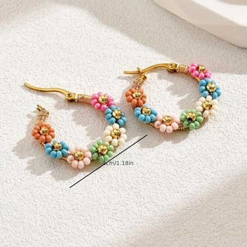 Colorful Rice Beads Flower Hoop Earrings for Women Handmade Beaded Boho Gold Circle Earrings Jewelry Resin Floral Hoop Earring Gift