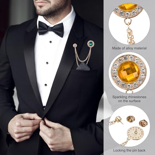 PATIKIL Gem Chain Brooch Pins, Hanging Chain Brooch Suit Pin Tassel Chain Round Crystal Badge Lapel Collar Pins for Men Shirts - color: Gold Tone(Yellow)