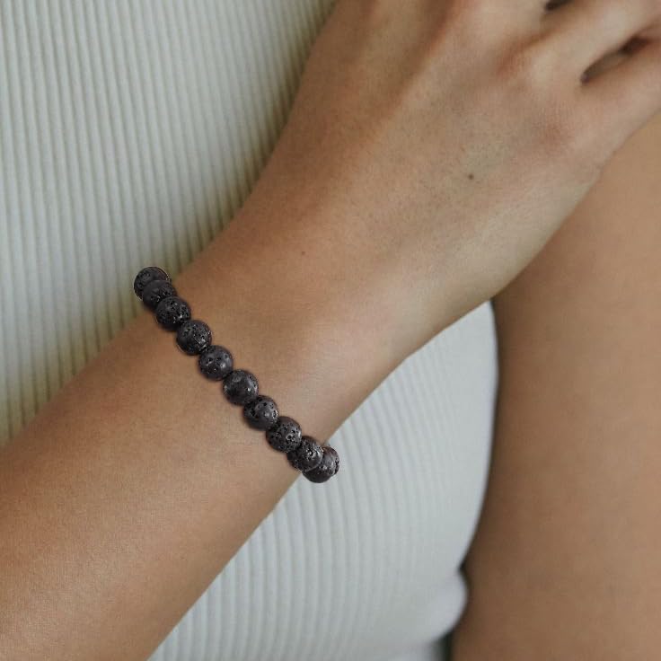 Gnamy Healing Crystal Bracelet for Women, Natural Stone Beaded Healing Crystal Bracelet Triple Protection Stress Relief Beads Jewelry Birthday Gifts Jewelry for Her - style: Black Lava