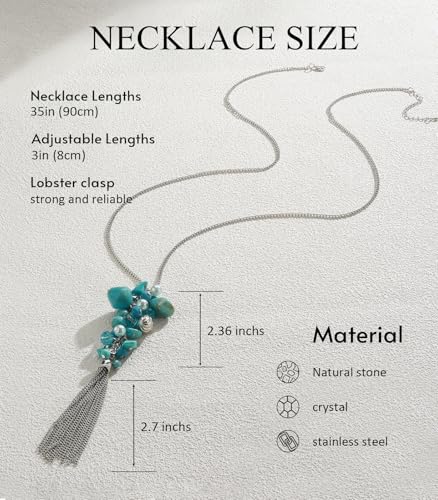 Noessla Boho Long Pendant Necklaces for Women Silver Tassel Long Necklace Sweater Chain Mothers Day Gifts Silver Costume Jewelry for Women - color: Turquoise