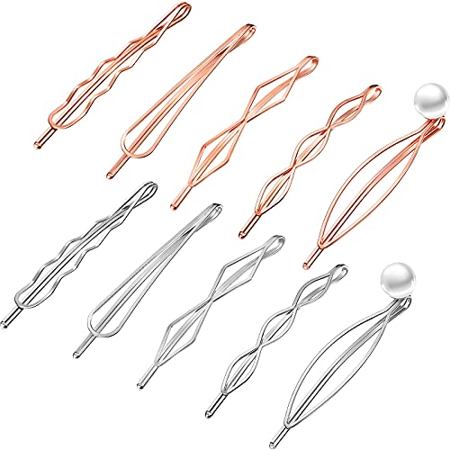 10 Pieces Geometric Metal Hair Clips and Barrettes for Women - Minimalist Hair Styling Accessories, Dainty Wedding Headwear (Silver, Rose Gold) - color: Silver, Rose Gold