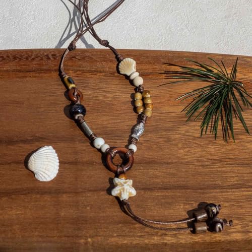 Boho Style Colorful Ceramic Bead Strand Necklace Adjustable Bohemian Jewelry Gift for Women, Fashion Clothing Matching Necklace - color: Beige and Brown