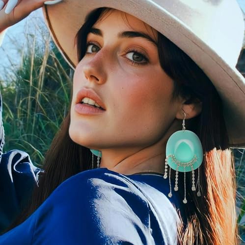 RechicGu 3 Pairs Western Cowgirl Cowboy Hat Earrings Set Silver Symmetric Boots Sparkly Rhinestone Tassels Drop Dangle Rural Culture Earrings Set For Women - color: Silver Boots,Mint Green Hat