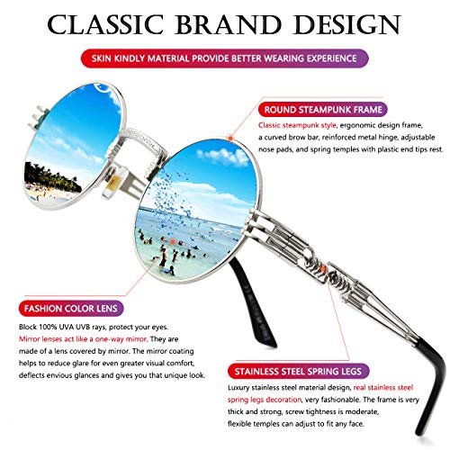 AIEYEZO Round Steampunk Sunglasses for Men Women Retro Circle Hippie Glasses Metal Frame 100% UV Blocking Lens - color: Silver/Ice Blue Mirror