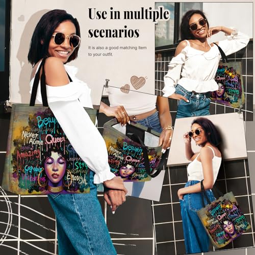 African American Women Tote Bag Black Shoulder Handbag For Women Fit Work Beach Labtops With Zip - color: Black Women 7