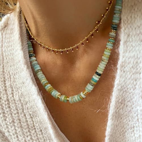 KissYan Boho Beaded Choker Necklace for Women, Gemstone Choker Natural Stone Freshwater Pearl Surfer Necklaces 14K Gold Plated Summer Beach Handmade Jewelry - color: B-Green Aventurine