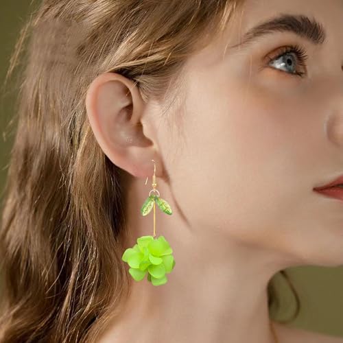 Resin Flower Cluster Ball Dangle Drop Earrings for Women Spring Summer Bohemian Floral Petal with Green Leaf Earrings Vacation Party Jewelry - color: Neon Green