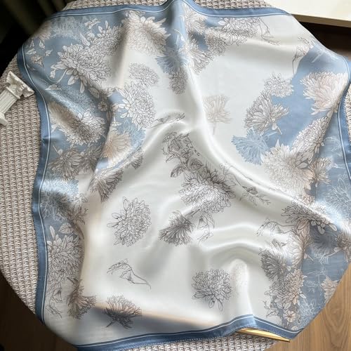 FONYVE 100% Mulberry Silk Scarfs for Women-Lightweight Square Satin Head Scarf-Small Silk Hair Scarf for Sleeping 21"x21" - color: 12 Blue Chrysanthemum