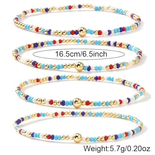 Boho 4Pcs Stack Colorful Small Seed Beaded Bracelets Set for Women, Cute Handmade Dainty Trendy Gold Plated Stretch Accessories Thin Glass Jewelry, Summer Daily Party Friendship Gift - color: Aqua Blue