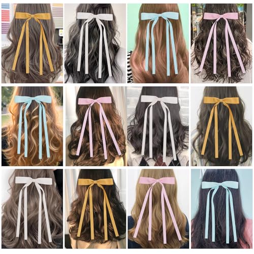 WORTL Hair Bows Clips Coquette Ribbon Bowknot with Long Tail Princess Hair Bows French Barrettes Hair Accessories for Women Girls 16PCS (Pink, Yellow, Cream, Aquamarine) - color: Pink, Yellow, Cream, Aquamarine