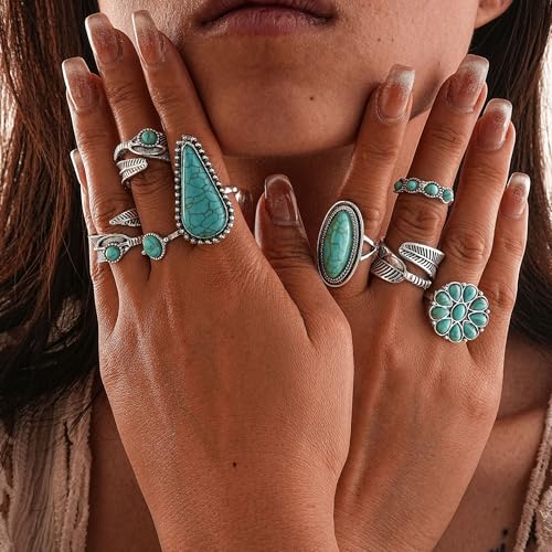 Bohemian Turquoise Ring for Women Stackable Vintage Chunky Boho Turquoise Ring Set Dainty Open Gemstone Knuckle Midi Finger Rings Western Statement Rings Jewelry - style: eight Water drop