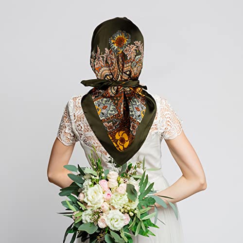NZKNP Silk-Like Head Scarf - Women's Bandana Wraps - color: 17-dark Green Flower, size: 35"*35"