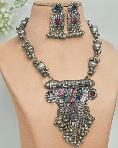 Designer Statement Afghani Antique Oxidised Silver Indian Party Ethnic Tassel Ghungroo Bells Tribal Gypsy Necklace Jewelry Set Women