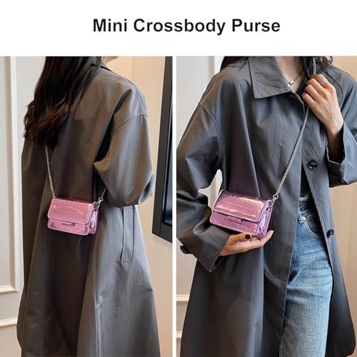 Small Crossbody Purse Bag for Women，Y2K Cute Metallic Croc-Embossed Handbag with Chain Strap - color: Mini Pink