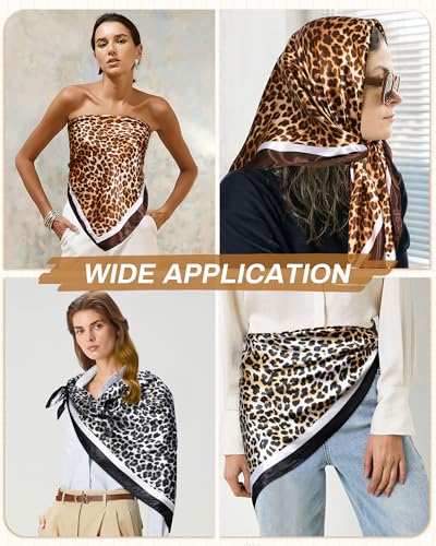 Mesovor 35” Square Head Scarf for Women, 3 Pack Like Silk Satin Headscarf Hair Neck Scarf Top Bandanas for Sleeping - color: Leopard(gray/Yellow/Coffee)