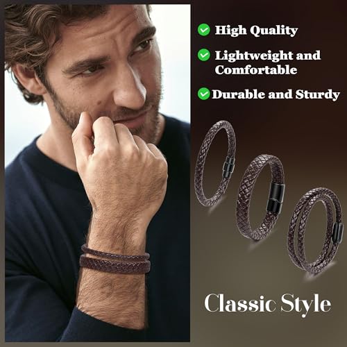 3Pcs Genuine Italian Braided Leather for Men Women Leather Wrist Cuff Bracelets Black Brown Stainless Steel Clasp Wrap Wristband 7.5-9 Inches - color: Brown