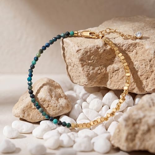 Fettero Beaded Bracelets for Women Charm Natural Stone Handmade Beads White Gold Plated Dainty Gold Bracelets Non Tarnish Boho Summer Beach Vacation Jewelry - color: Mix-color