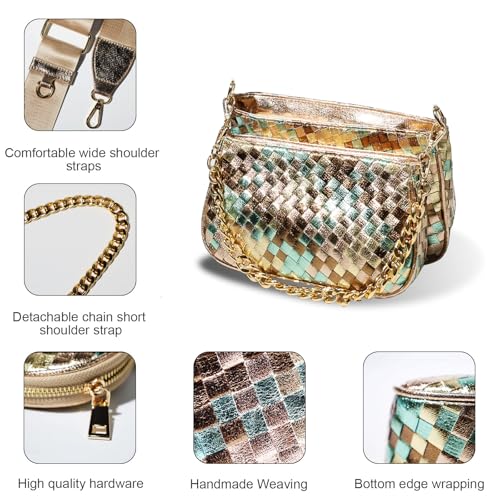 Handmade Woven Small Crossbody Bag for Women with Coin Purse, Designer Shoulder Handbag 3pcs Set, Mini Tote Clutch - color: Champagne Multicolor