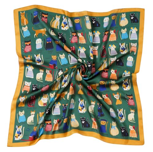 CHUNG Women's Scarf Hair Bandanas Square 27.5" Satin Wrap Fashion Pattern Scarves Emulation Silk Handbag Ribbons Necktie - color: Dark Green Cats