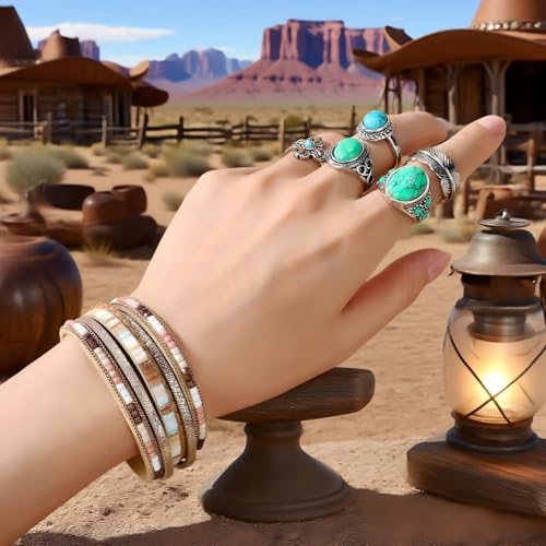 Western Jewelry for Women - Boho Turquoise Jewelry Set with Turquoise Necklace, Earrings, Bracelet & Rings - style: Western Cowboy Style