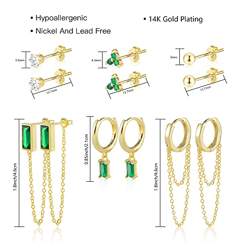 BOUTIQUELOVIN 14K Gold Stud Earrings Set for Women, for Multiple Piercing Silver Plated Studs Earrings and Zirconia Earring Set Small Huggie Hoop Chain Earing - color: 6Pairs Gold Emerald