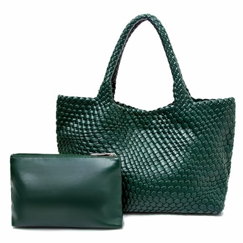 Handmade Woven Tote Bag for Women, Soft Vegan Leather Shoulder Bag with Purse, Large Travel Handbag - color: Dark Green