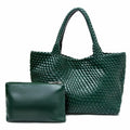 Handmade Woven Tote Bag for Women, Soft Vegan Leather Shoulder Bag with Purse, Large Travel Handbag - color: Dark Green