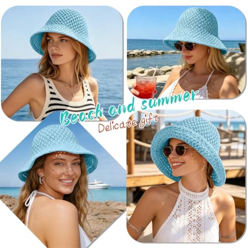 Sun Hat for Women Beach Hat Straw Bucket Hat Summer UV Protection, Packable Breathable Crochet Style - color: 1pack-light Blue