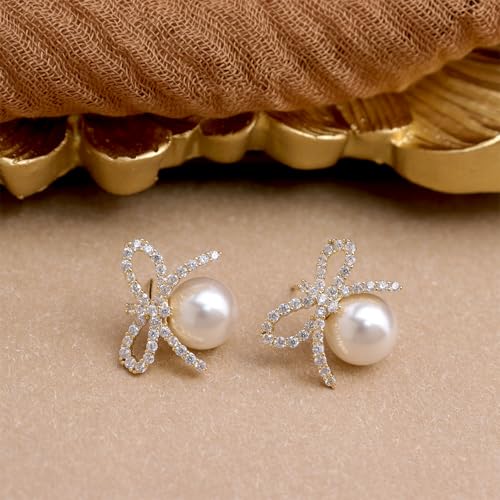 Pearl Earrings for Women, Trendy Dainty Cubic Zirconia Piercing Hypoallergenic CZ Earring Prom Holiday Fashion Jewelry Gift. - color: Gold Pearl